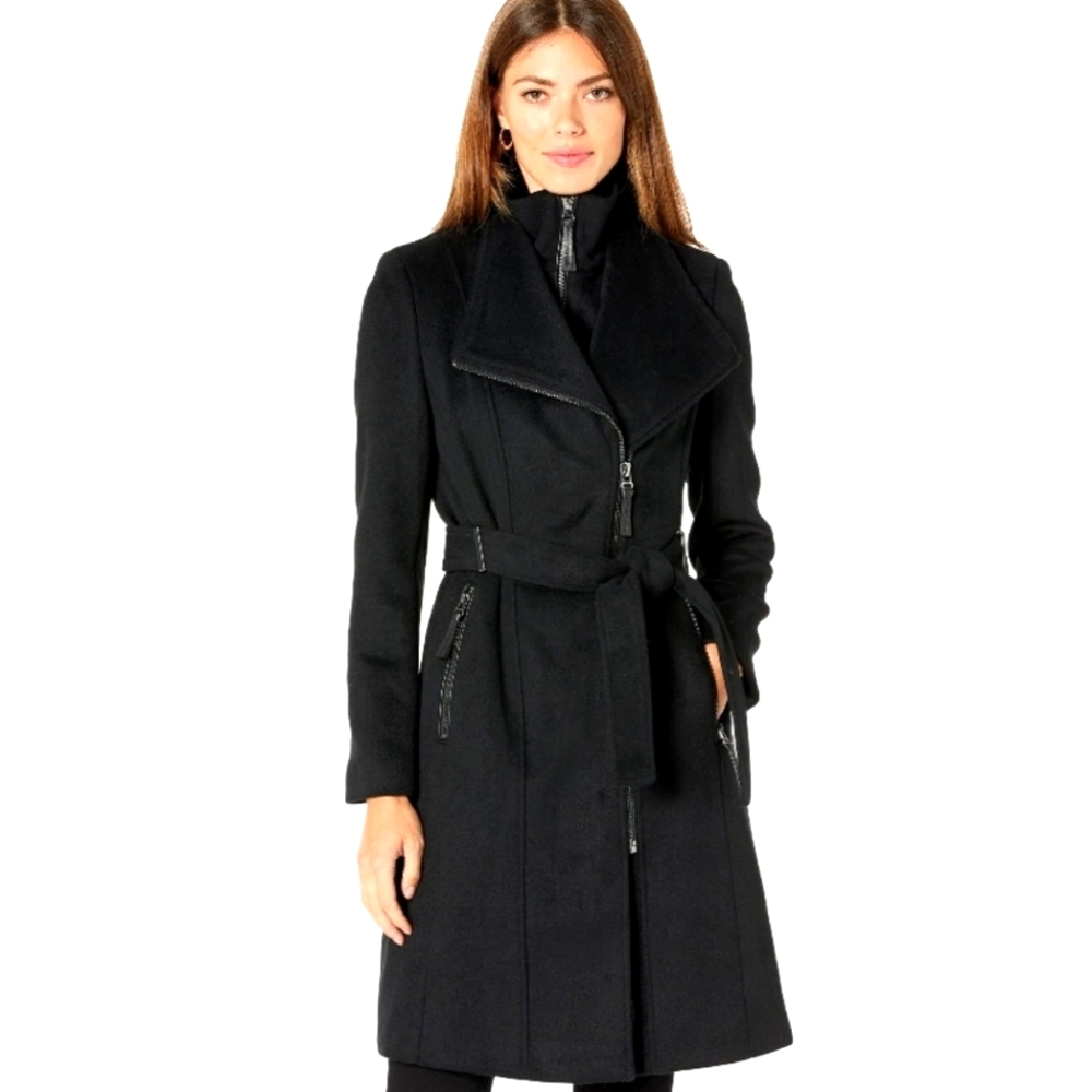 Calvin Klein Black Wool Coat, Double Zipper, Belted
